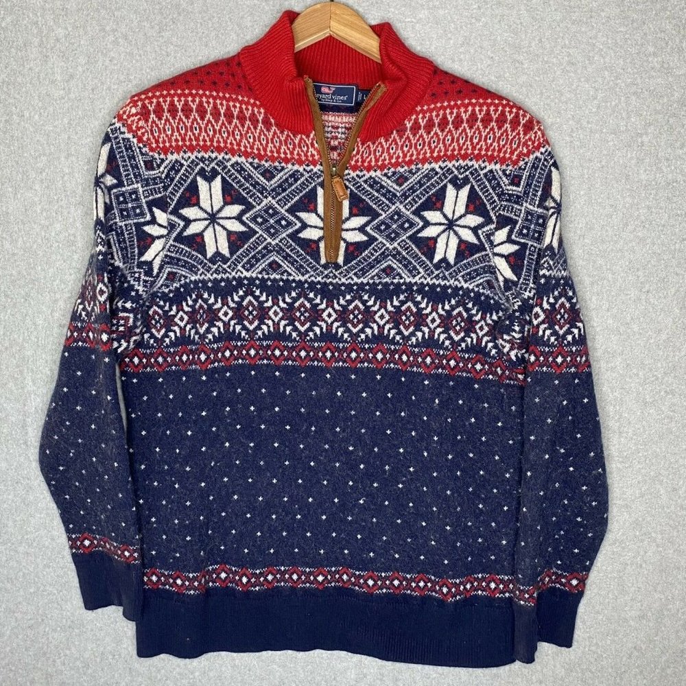 Vineyard Vines Boys Large Navy Red 100% Wool 1/4 Zip Pullover Christmas Sweater